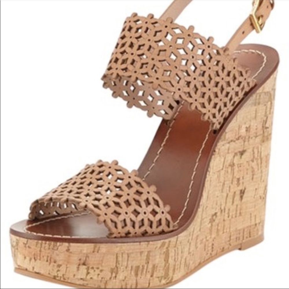 Tory Burch Wedges brown floral leather size 10